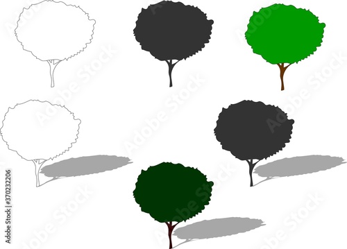Hand drawn collection of isolated trees. Illustration including colored, outline, black silhouette of trees with shadows. Elements for decoration, mobile games, applications
