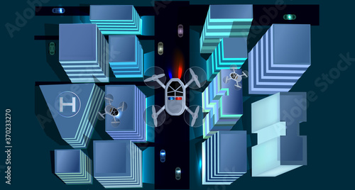 Futuristic night city. Flying police car. Cold neon night light. Taxi drone. Destination. Part of town. Realistic city. Roads with cars. Isometric buildings. Night streets.Futuristic concept. Taxi.