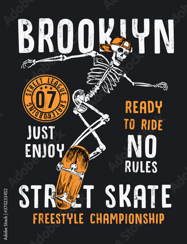 Skateboard illustration with skeleton, t-shirt graphics, vectors