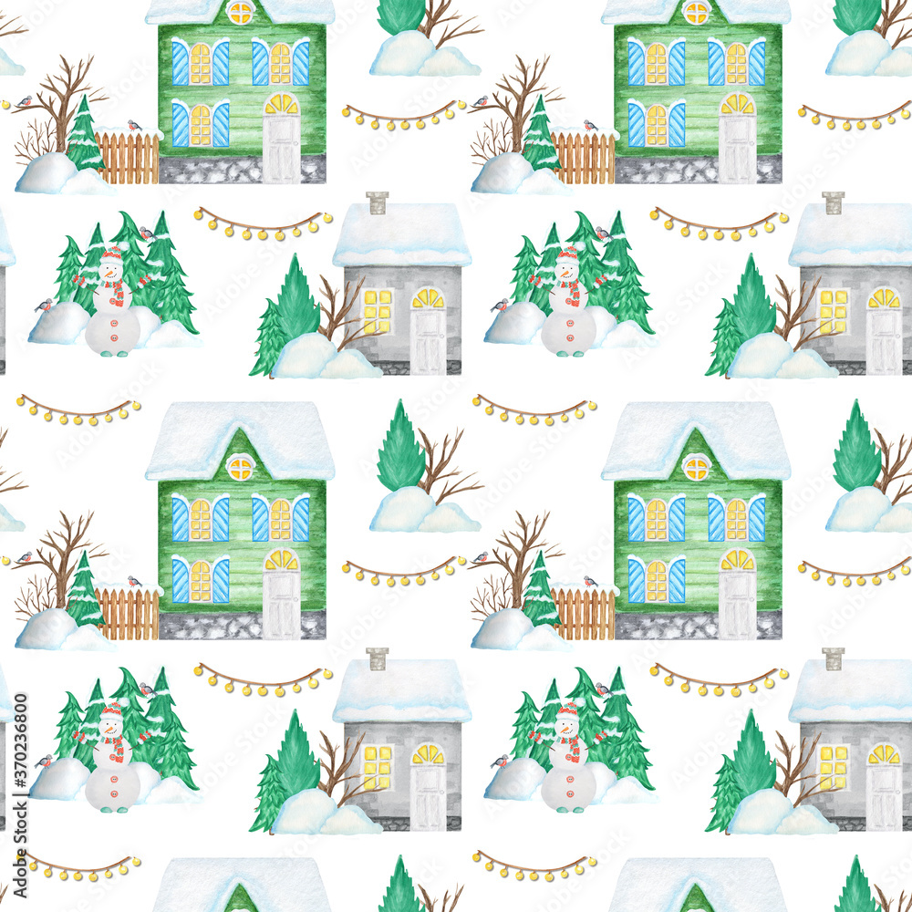 Watercolor Christmas winter houses Seamless pattern. Kids cartoon House with wooden door, luminous windows, snow on the roof. Bright colors background for Card, scrapbook paper, fabric design texture