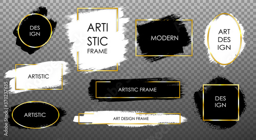 Golden frame set with black and white paint background. Blots with different borders. Vector illustration.
