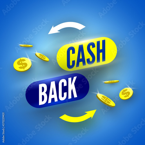 Blue cash back banner with coins. Vector illustration.