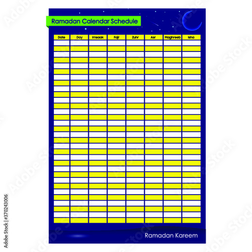 Ramadan Calendar Schedule - Fasting and Prayer time Guide. Vector