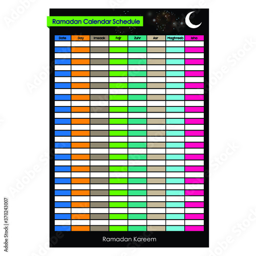 Ramadan Calendar Schedule - Fasting and Prayer time Guide. Vector