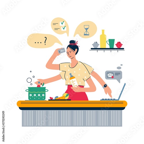 Home lifestyle. Busy mother, multitasking woman. Busy super mother working at home. Woman freelancer working on laptop at home.