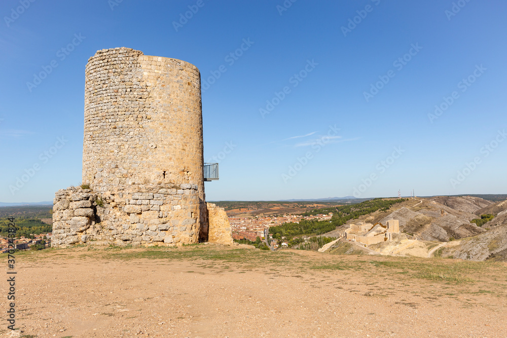 the islamic watchtower in Uxama and a view over Burgo de Osma city and the castle, province of Soria, Castile and Leon, Spain