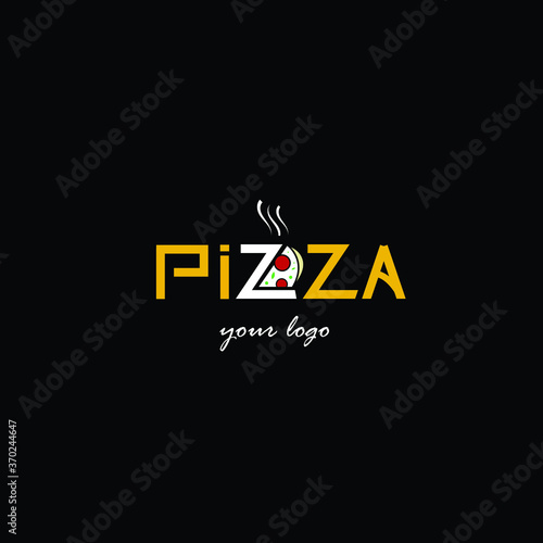 Pizzeria cafe logo, pizza icon, emblem for fast food restaurant. Simple flat line style pizza logo on white background