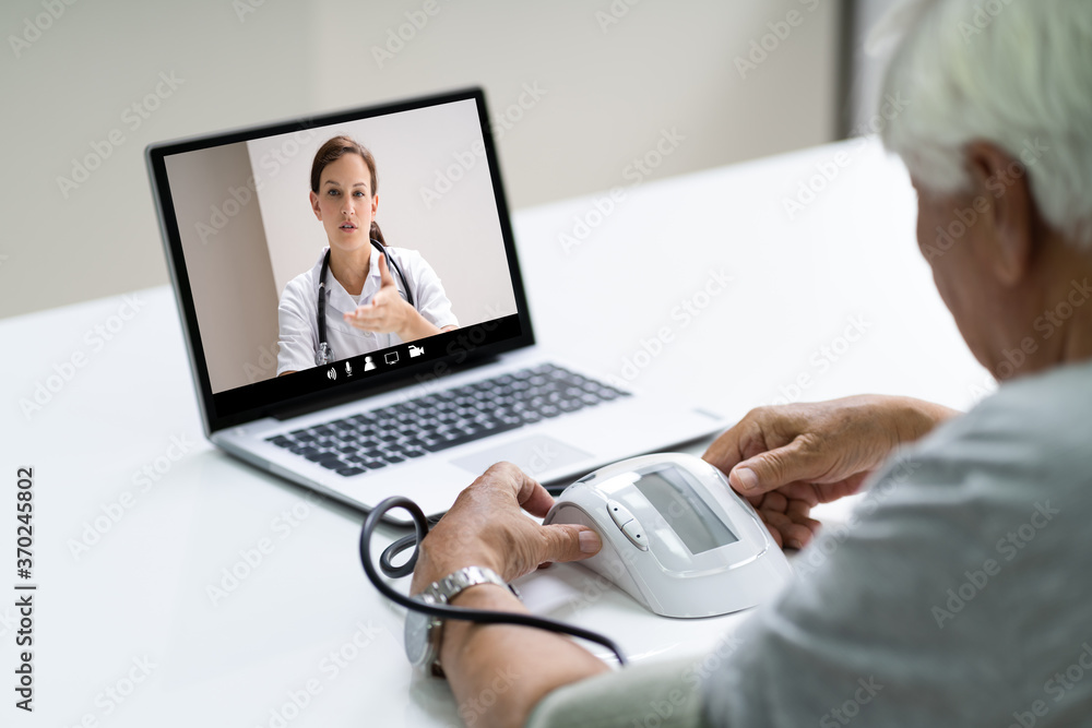 Senior Man High Blood Pressure In Videoconference Senior Man High Blood Pressure In Videoconference