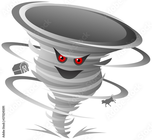 Vector illustration of a cartoon tornado with red eyes, swirling and picking up a cow and a barn.