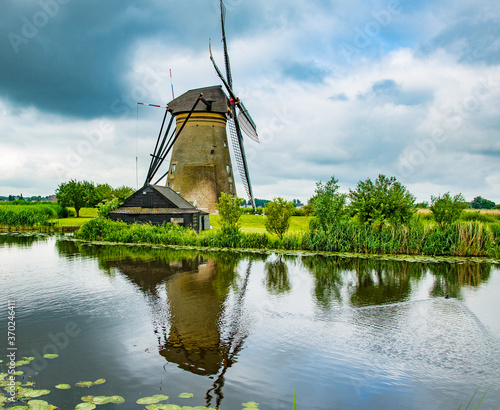 A windmill along the Kinderdijk in the Netherlands