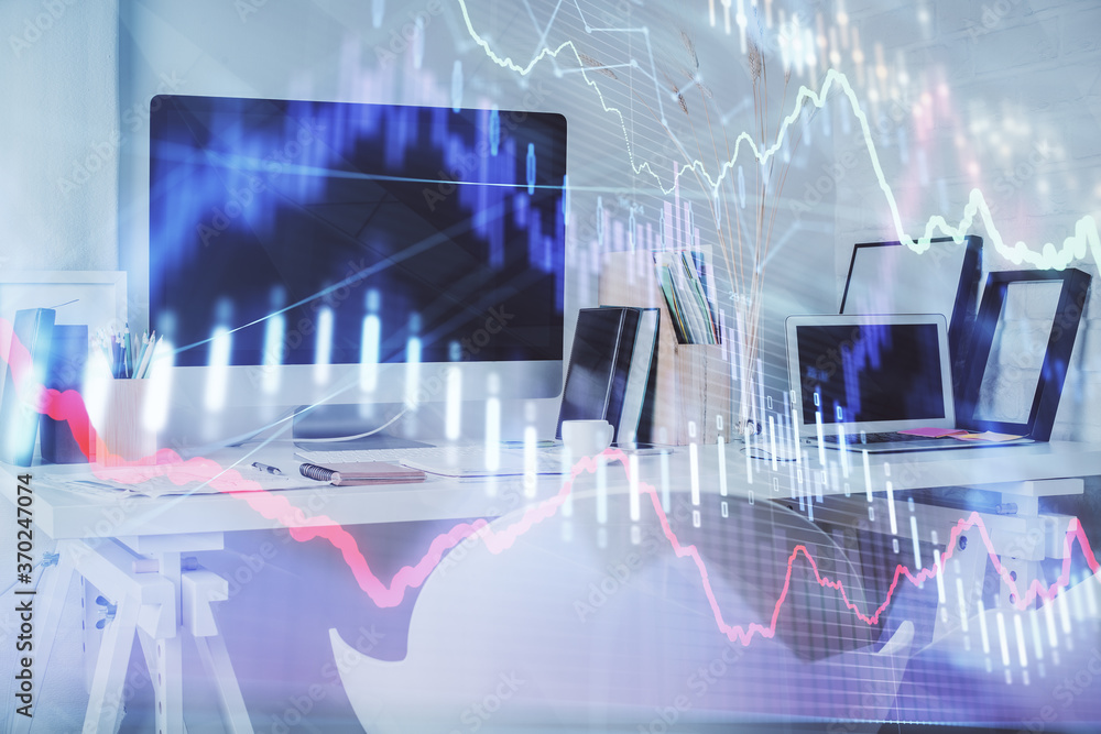 Double exposure of stock market graph drawing and office interior background. Concept of financial analysis. Double exposure of stock market graph drawing and office interior background. Concept of financial analysis.