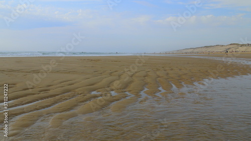  Ebb in Atlantic ocean coast. Hourtin, Aquitaine, France. Sand beach.