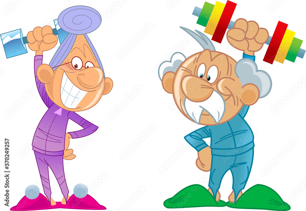 The vector illustration depicts an elderly active couple in a cartoon style. Grandparents go in for sports The vector illustration depicts an elderly active couple in a cartoon style. Grandparents go in for sports
