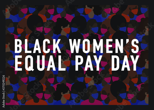 Black Women's Equal Pay Day vector with pattern of characters wearing face masks