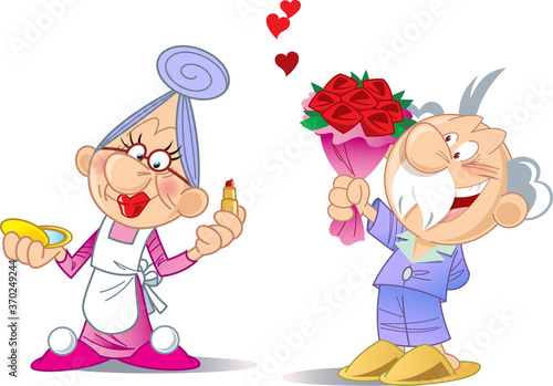 The vector illustration depicts an elderly active couple in a cartoon style. Grandma does makeup and grandpa gives her a bouquet of flowers