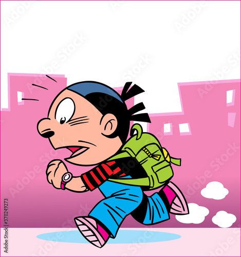 In the vector illustration, a schoolgirl girl with a backpack hurries to school down the street. Illustration is made in cartoon style