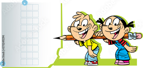 Vector girl and boy school children solve a task. The illustration is made in a cartoon style.