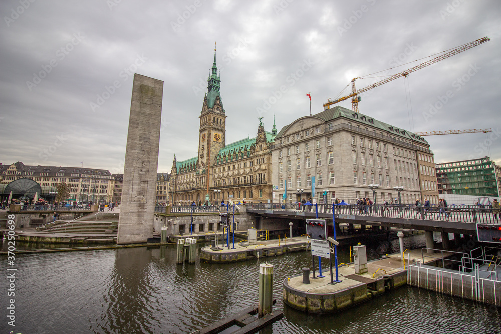 Lake Binnenalster in Altstadt quarter and  at the background the famous Hamburg town hall with dramatic clouds at market square Hamburg, Germany.