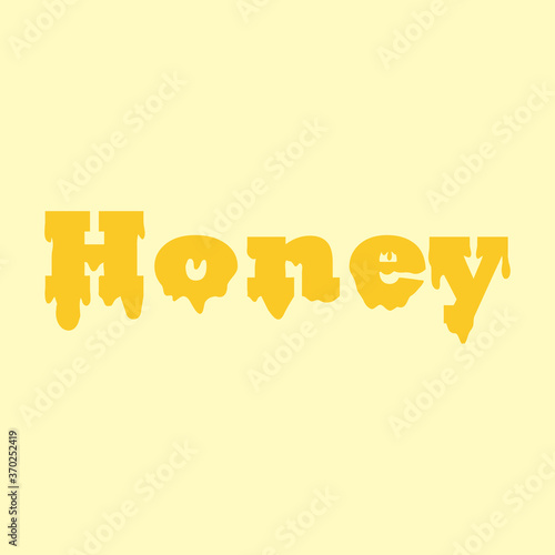 The word honey with stylized gooey dripping yellow droplets isolated against a blank off white neutral background.