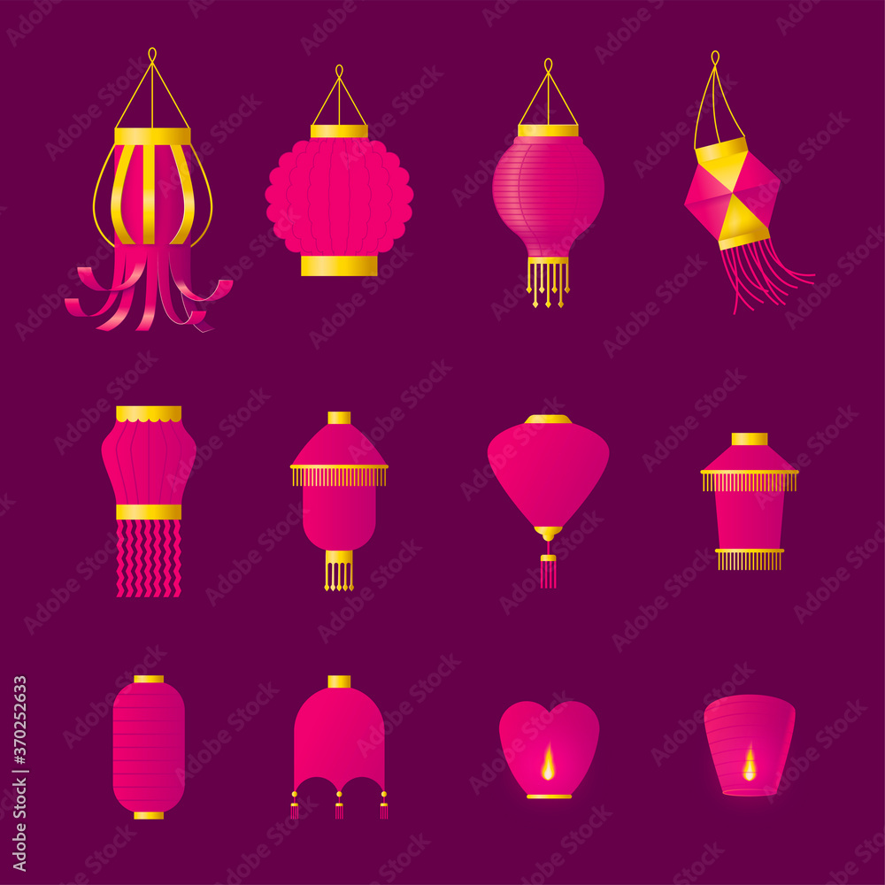 Set of paper sky lantern and paper hanging decorations Set of paper sky lantern and paper hanging decorations