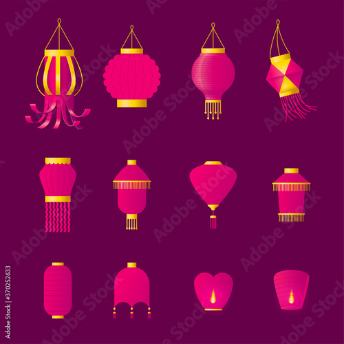 Set of paper sky lantern and paper hanging decorations