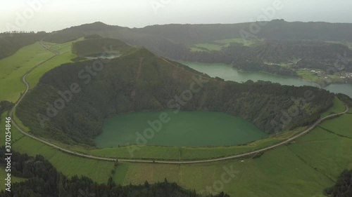 Aerial Pan Shot Of Lagoa Azul and Verde Crater Lakes At the Sete Cidades photo