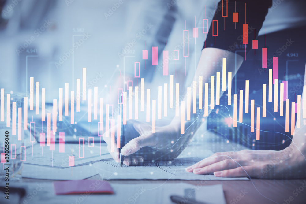 Multi exposure of woman hands typing on computer and financial chart hologram drawing. Stock market analysis concept. Multi exposure of woman hands typing on computer and financial chart hologram drawing. Stock market analysis concept.