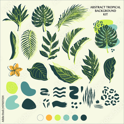 Abstract tropical background kit. Tropical leaf shapes and outlines, ink blot, animal pattern, bright color palette.