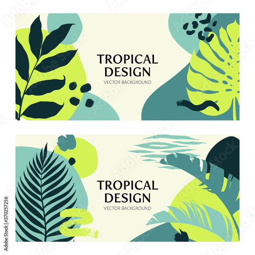 Banners with abstract compositions of tropical plant palm leaf, geometric figures and animal pattern.  Vector illustartion.