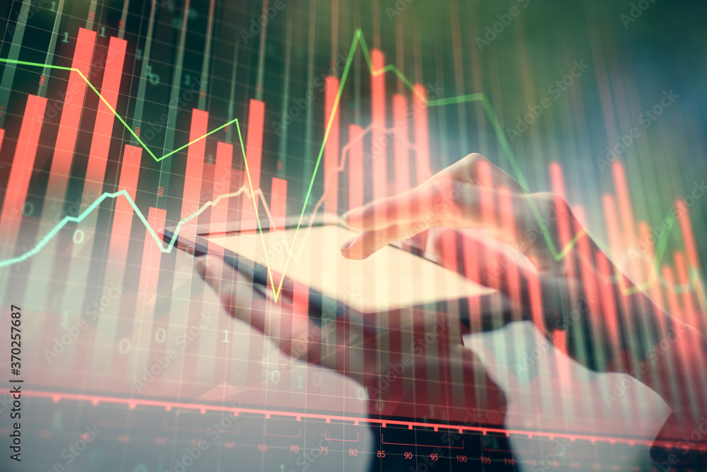 Double exposure of forex chart sketch hologram and woman holding and using a mobile device. Financial market concept. Double exposure of forex chart sketch hologram and woman holding and using a mobile device. Financial market concept.