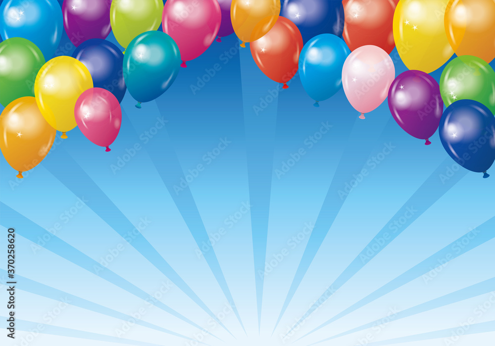 ハッピーで楽しそうなイメージの背景イラスト 空を飛ぶ型風船バルーンと集中線バックグラウンド Background Illustration Of Balloons Stock Vector Adobe Stock