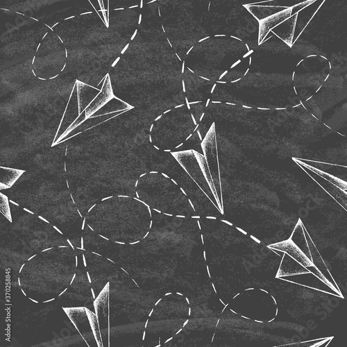 Abstract background with hand drawn planes and lines. Seamless pattern on the chalkboard. Chalk style vector illustration on the blackboard.