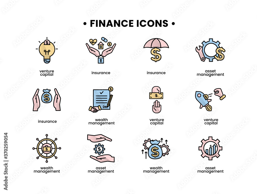 Finance icons set. Vector illustration of asset management, venture capital, insurance, wealth management icons.