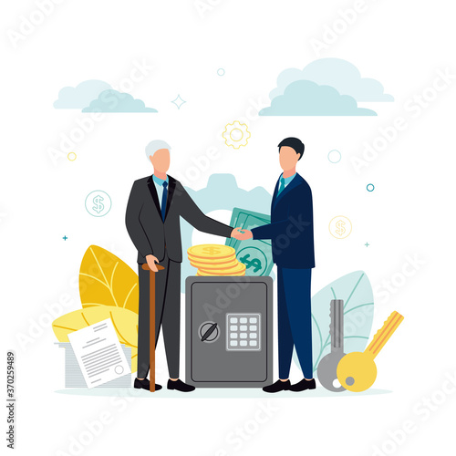 Finance. Vector illustration of trust, fiduciary services. An elderly man shakes hands with a man, next to them is a safe, money, documents, keys, against the background of a gear, leaves, cloud