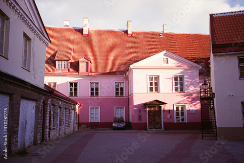 Panoramic view of the central streets of Tallinn on a summer morning in Estonia. Real grain scanned film. © Myshkovskyi