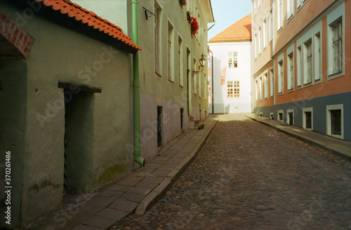 Panoramic view of the central streets of Tallinn on a summer morning in Estonia. Real grain scanned film. © Myshkovskyi