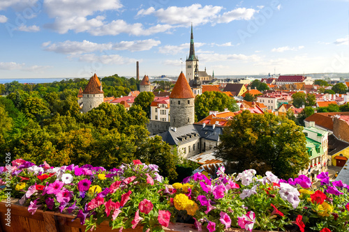 Late afternoon view from Toompea Hill overlooking the medieval walled city of Tallinn Estonia along the Baltic coast of Northern Europe.
