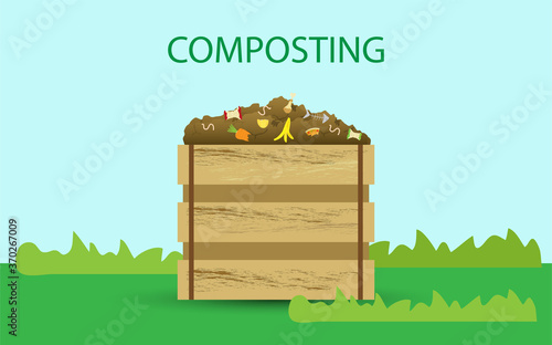 Compost illustration, compost bin  with organic waste illustration for waste composting,  waste recycling process concept for compost organic waste vector illustration. 