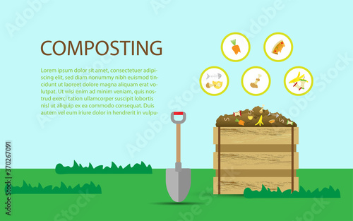 Compost illustration, compost bin  with organic waste illustration for waste composting,  waste recycling process concept for compost organic waste vector illustration. 