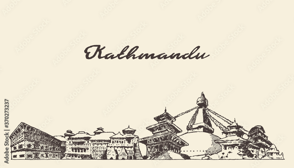 Kathmandu skyline, Nepal, hand drawn vector sketch