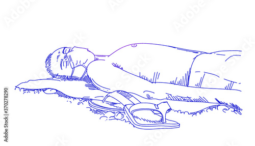 Illustration of a masked man sunbathing. young man lying down on a towel. Vector illustration on a white background.
