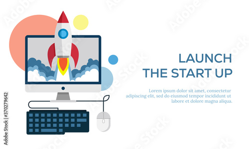 Vector illustration of a technology rocket taking off from a laptop symbolizing the tech startup industry. Suitable for illustrations from the promotion of a company project, and the promising success
