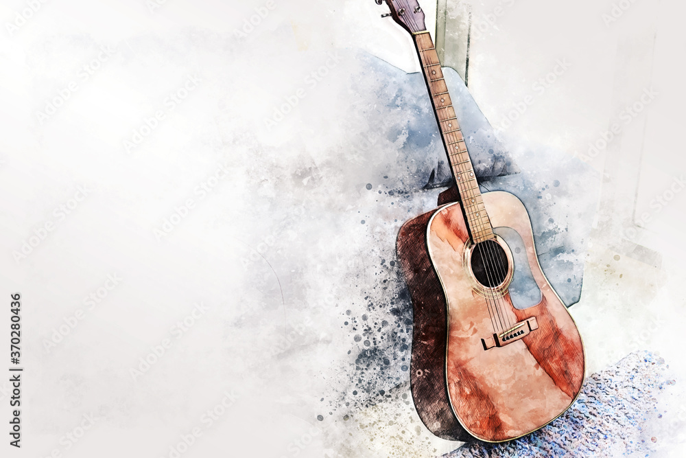 Abstract colorful acoustic guitar in the foreground on Watercolor painting background and Digital illustration brush to art. - obrazy, fototapety, plakaty 