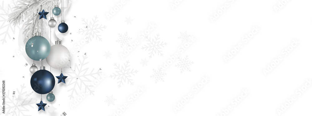 Christmas balls hanging with grey pine trees, stars, isolated on white ...