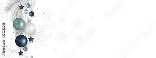 Christmas balls hanging with grey pine trees, stars, isolated on white background. Xmas holiday banner. Copy space. Vector illustration.