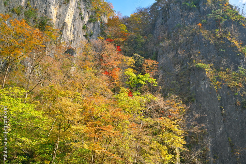 秋が深まりつつある猊鼻渓の風景