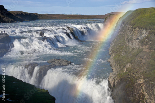 A beautiful rainbow graces Gullfoss (Golden Falls) in Iceland