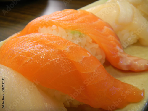 Close up shot of Japanese style salmon sushi