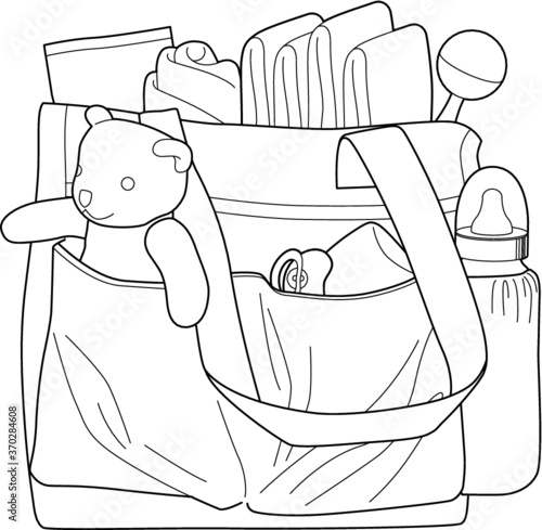 Diapers bag with baby essentials: tetra diaper, paper diapers, feeding bottle, rattle, soother, teddy bear and other stuff