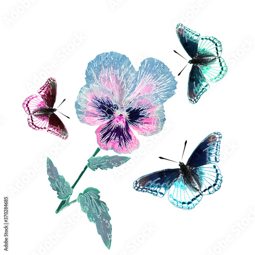 Isolated viola and butterfly flower. Perfect print for textiles and paper.